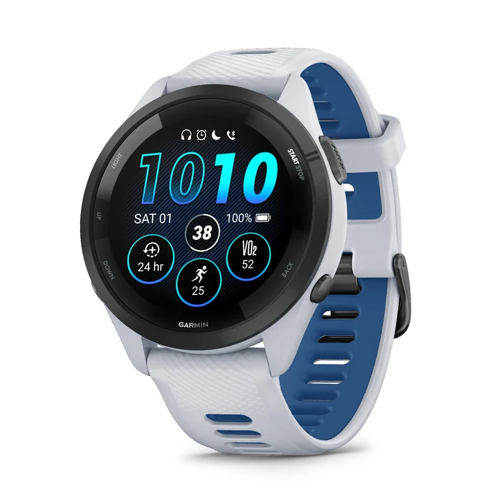 Garmin Forerunner 265 Music com caixa preta e pulseira de silicone branca e azul