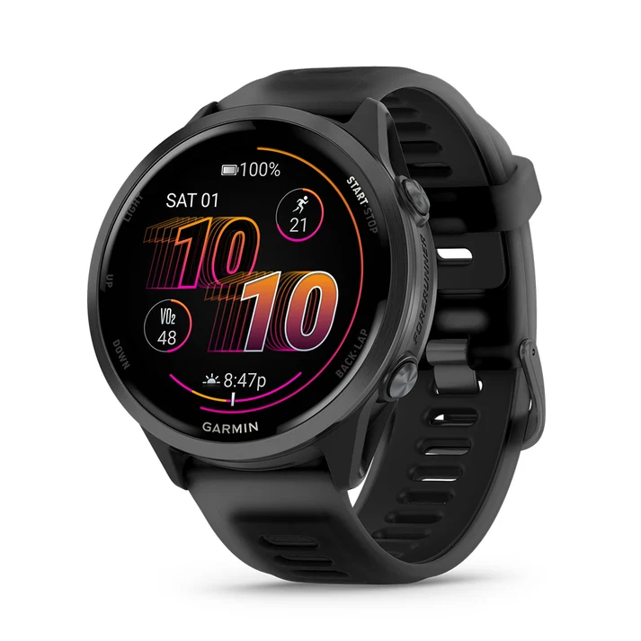 Garmin Forerunner 570 na cor cinza-ardósia, com pulseira de silicone preta