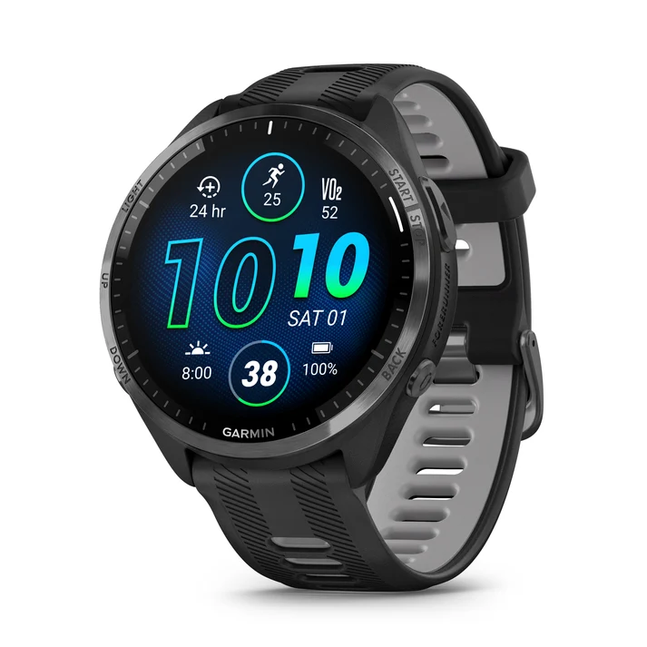 Garmin Forerunner 965 preto, com pulseira de silicone preta e cinza
