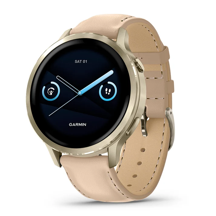 Garmin Venu 4 com moldura dourada e pulseira de couro na cor areia